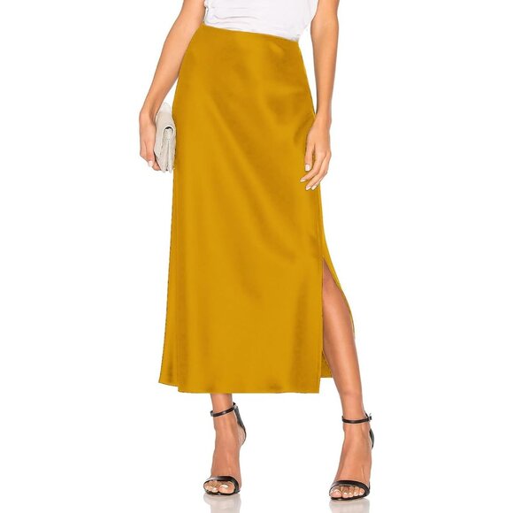 Women's Gold Satin Elastic Silk Slip A Line Flowy Ruffle Cocktail Maxi Skirt